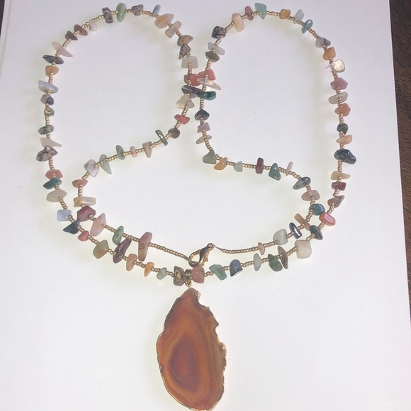 Vintage Druzy Orange Agate Stone Pendant Semi Precious Stones Beaded Necklace - Picture 2 of 6